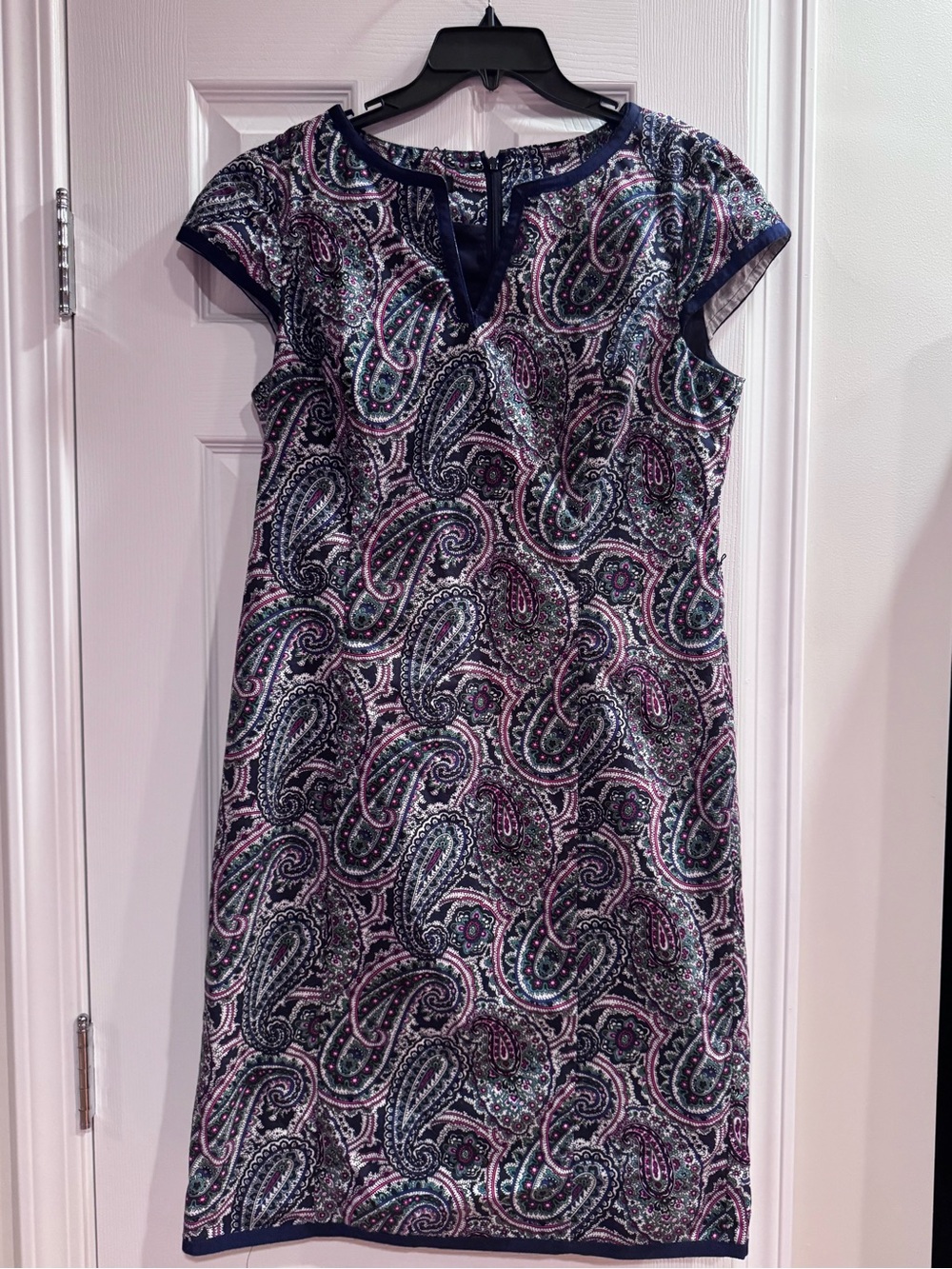 Talbots Navy Paisley Midi Dress with Pink & Teal Accents